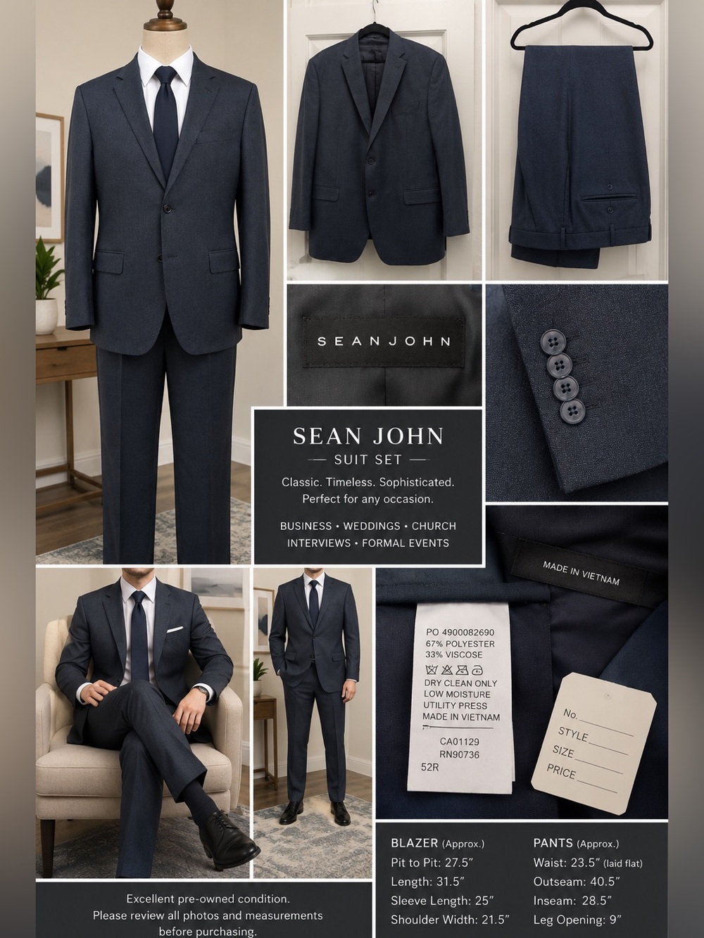 Sean John 2-Piece Suit Mens 52R -48R Charcoal Solid Modern FormalWedding